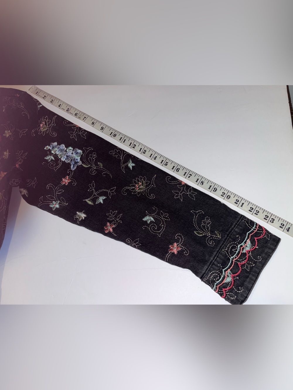 Denim & Co Beautiful Floral Embroidered Black Jean Jacket - Picture 12 of 16